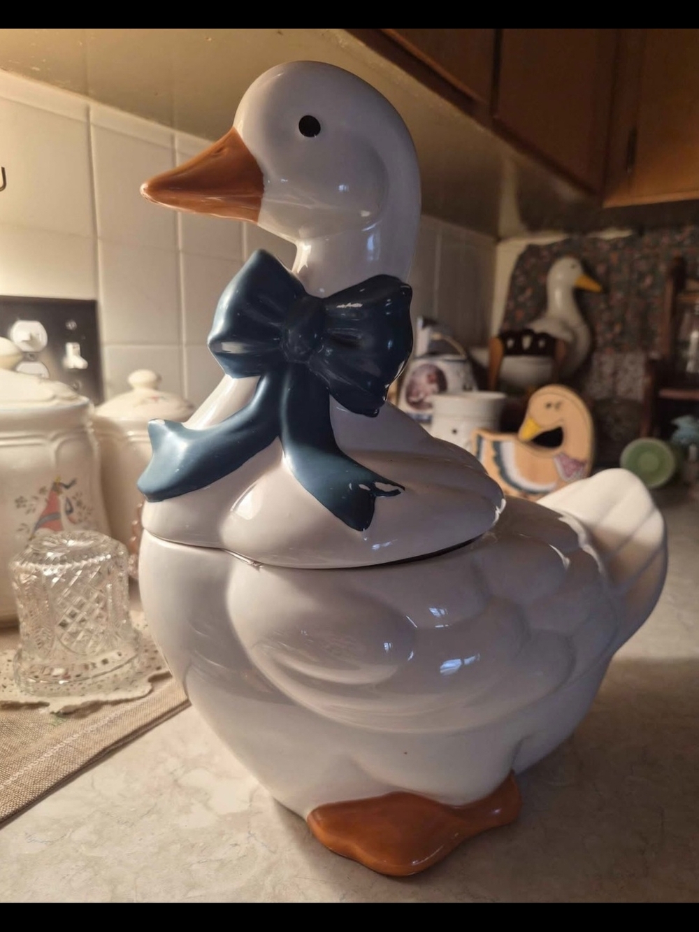 White Ceramic Duck Cookie Jar with Blue Bow - Cottagecore